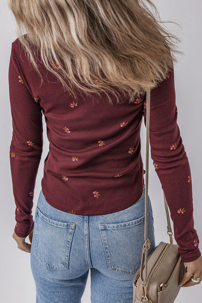 Burgundy Notched Neck Floral Print Ribbed Long Sleeve Top