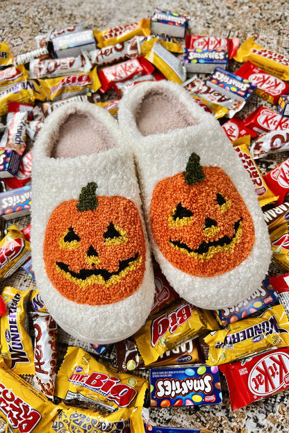 Black Halloween Pumpkin Print Plush Slippers