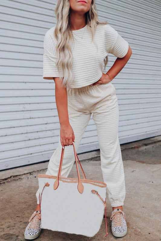 White Lattice Textured Cropped Tee and Jogger Pants Set - L & M Kee, LLC