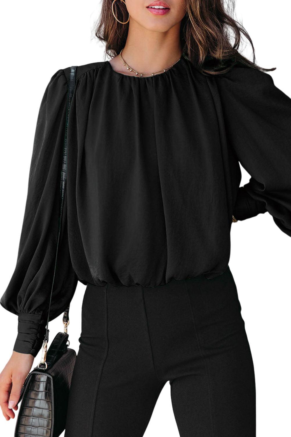 Black Padded Shoulder Buttoned Cuffs Pleated Loose Blouse - L & M Kee, LLC