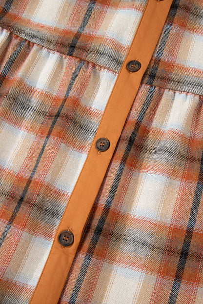 Khaki Plaid Color Block Patchwork Ruffle Hem Tunic Shirt Dress