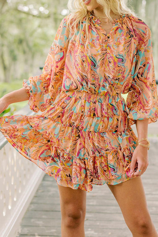 Multicolour Paisley Print Frilled Mini Dress - L & M Kee, LLC