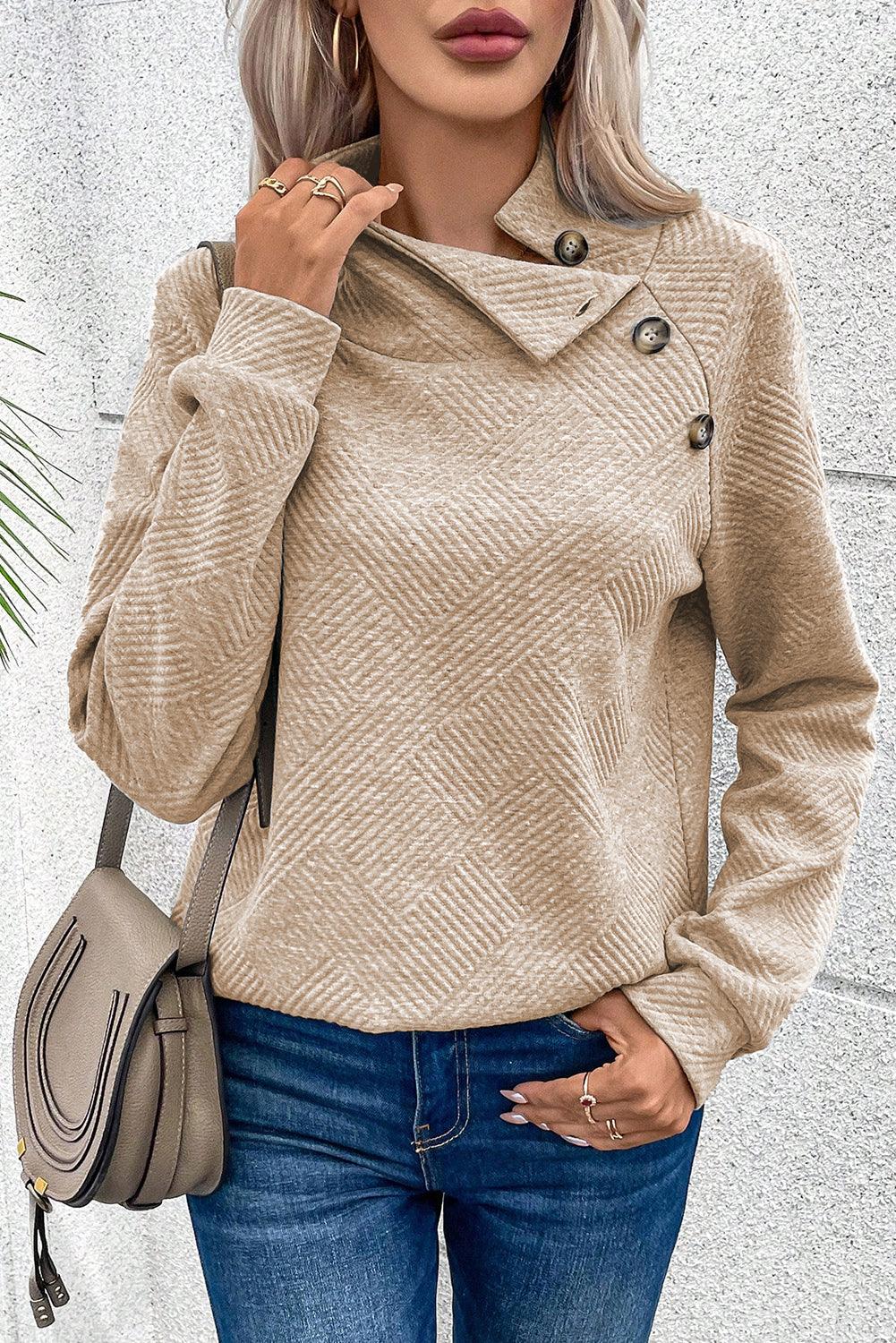 Gray Asymmetric Buttons Detail High Neck Textured Sweatshirt - L & M Kee, LLC