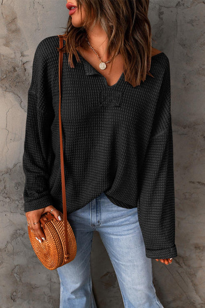 Black Waffle Knit Loose Long Sleeve Top - L & M Kee, LLC