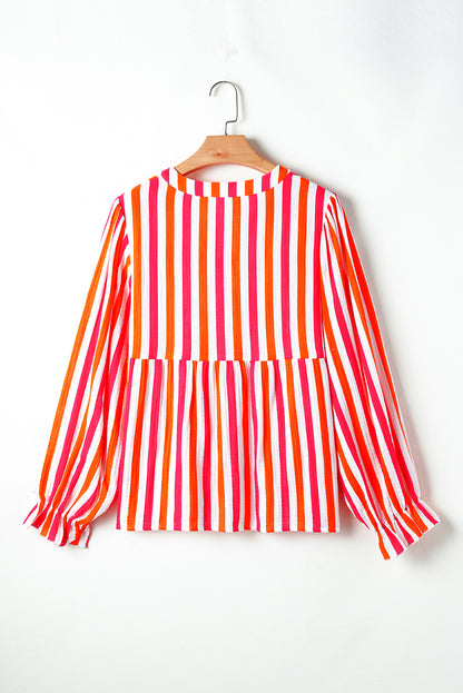 Orange Stripe Balloon Sleeve Notched V Neck Buttoned Front Blouse