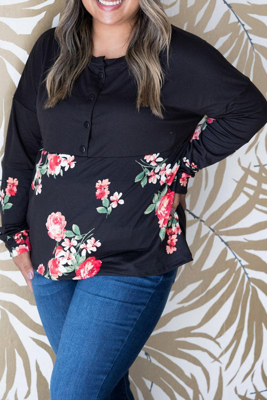 Black Plus Size Floral Printed Splicing Half Button Top - L & M Kee, LLC