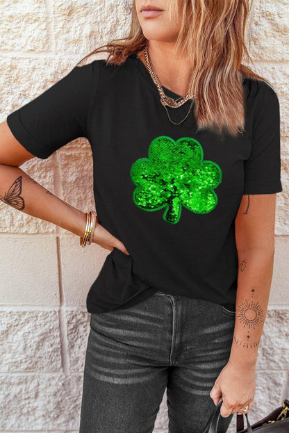 Black Sequin Clover Embroidered Round Neck Graphic Tee - L & M Kee, LLC