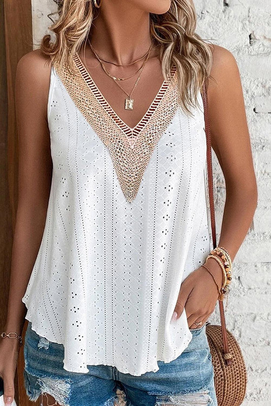 White Lace Crochet Splicing V Neck Loose Fit Tank Top - L & M Kee, LLC