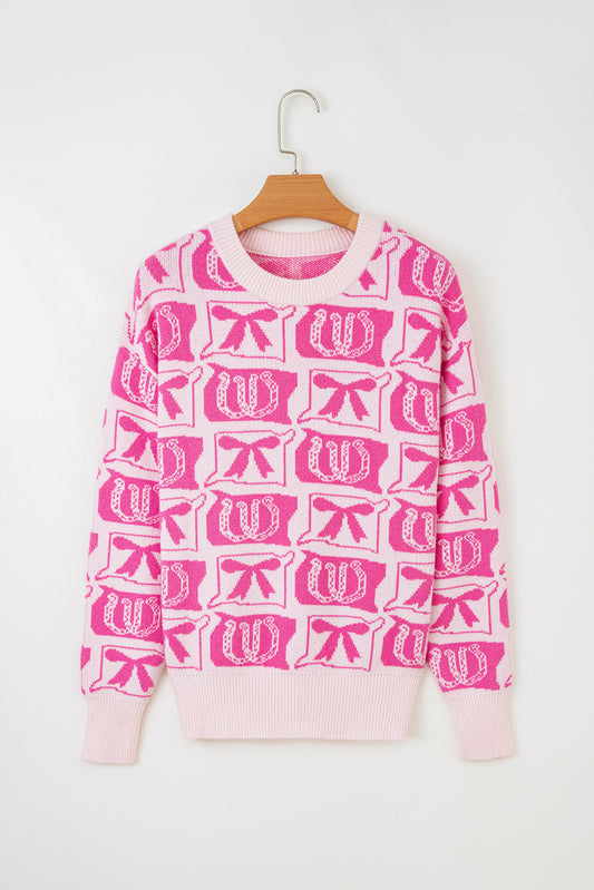 Pink Bows & Horseshoes Pattern Western Fashion Print Sweater