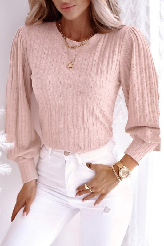 Pink Striped Texture Knitted Bishop Sleeve Top - L & M Kee, LLC