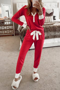 Fiery Red Contrast Trim Button V Neck Ribbon Bow Knot Waist 2pcs Lounge Pant Set