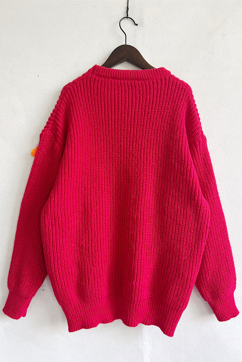 Racing Red Christmas Pattern Patched Rib Knit Knitted Sweater