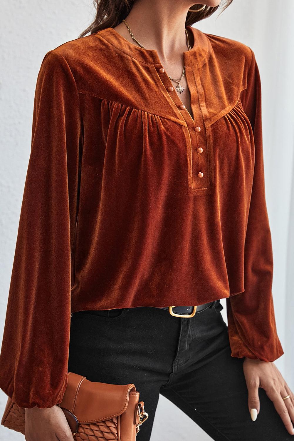 Gold Flame Lantern Sleeve Beaded Split V Neck Velvet Top - L & M Kee, LLC