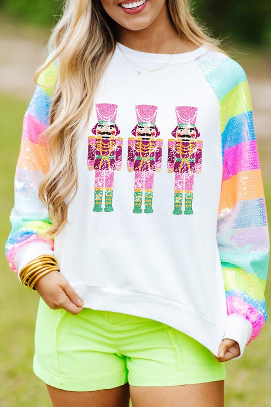 White Sequin Colorblock Sleeve Nutcracker Graphic Sweatshirt - L & M Kee, LLC