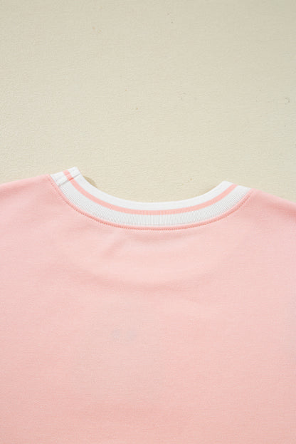 Gossamer Pink Halloween Terry Ghost Striped Trim Loose Sweatshirt