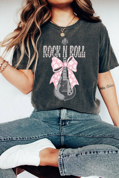 Black ROCK N ROLL Bowknot Guitar Graphic T Shirt - L & M Kee, LLC