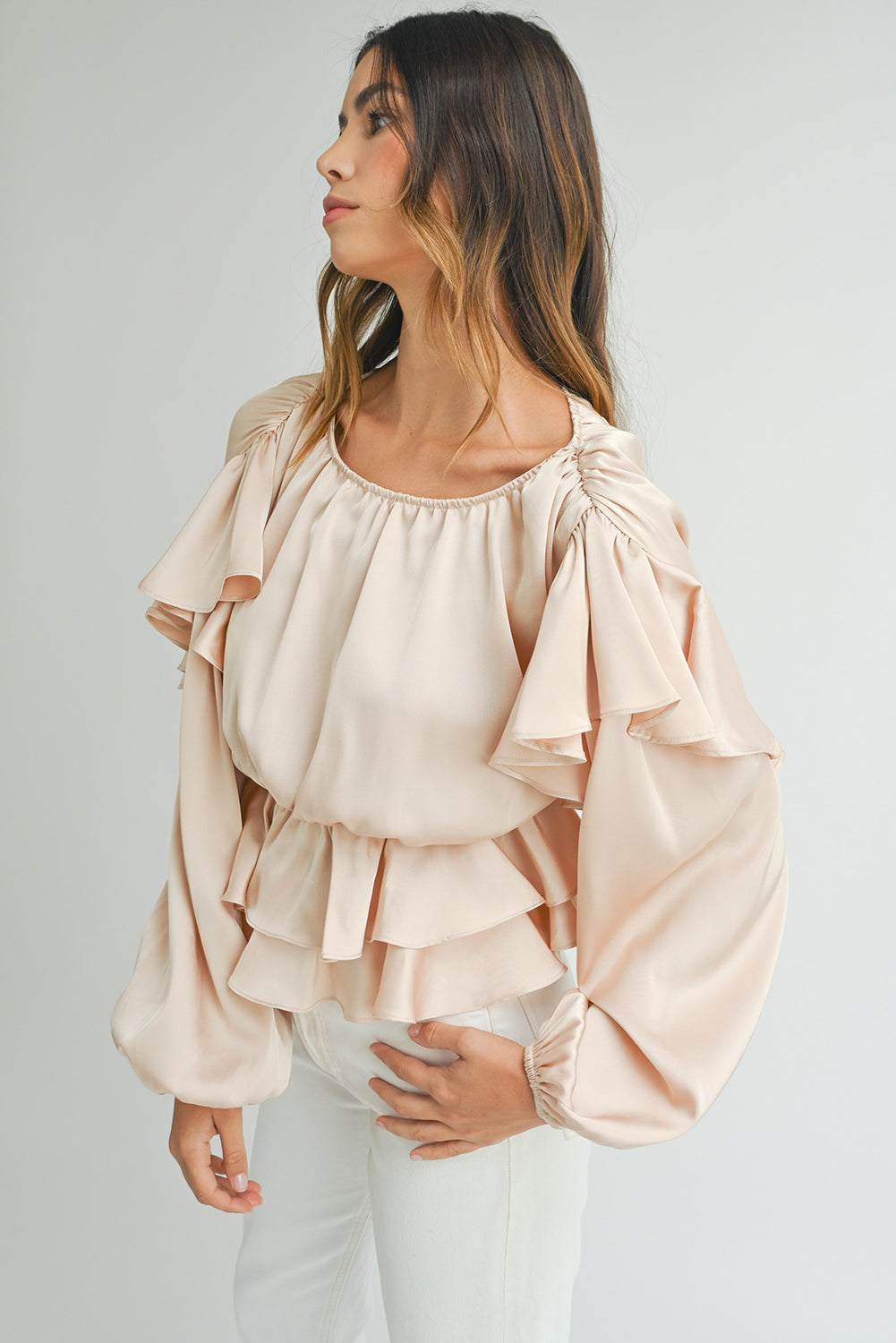 Oatmeal Lace-up Keyhole Back Ruffled Peplum Blouse