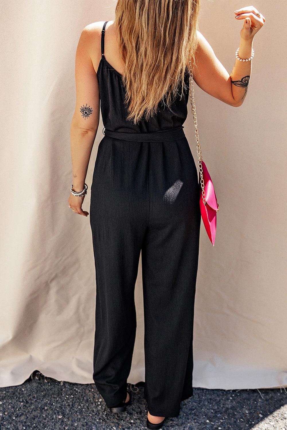 Black Textured Belted Wide Leg Sleeveless Jumpsuit - L & M Kee, LLC