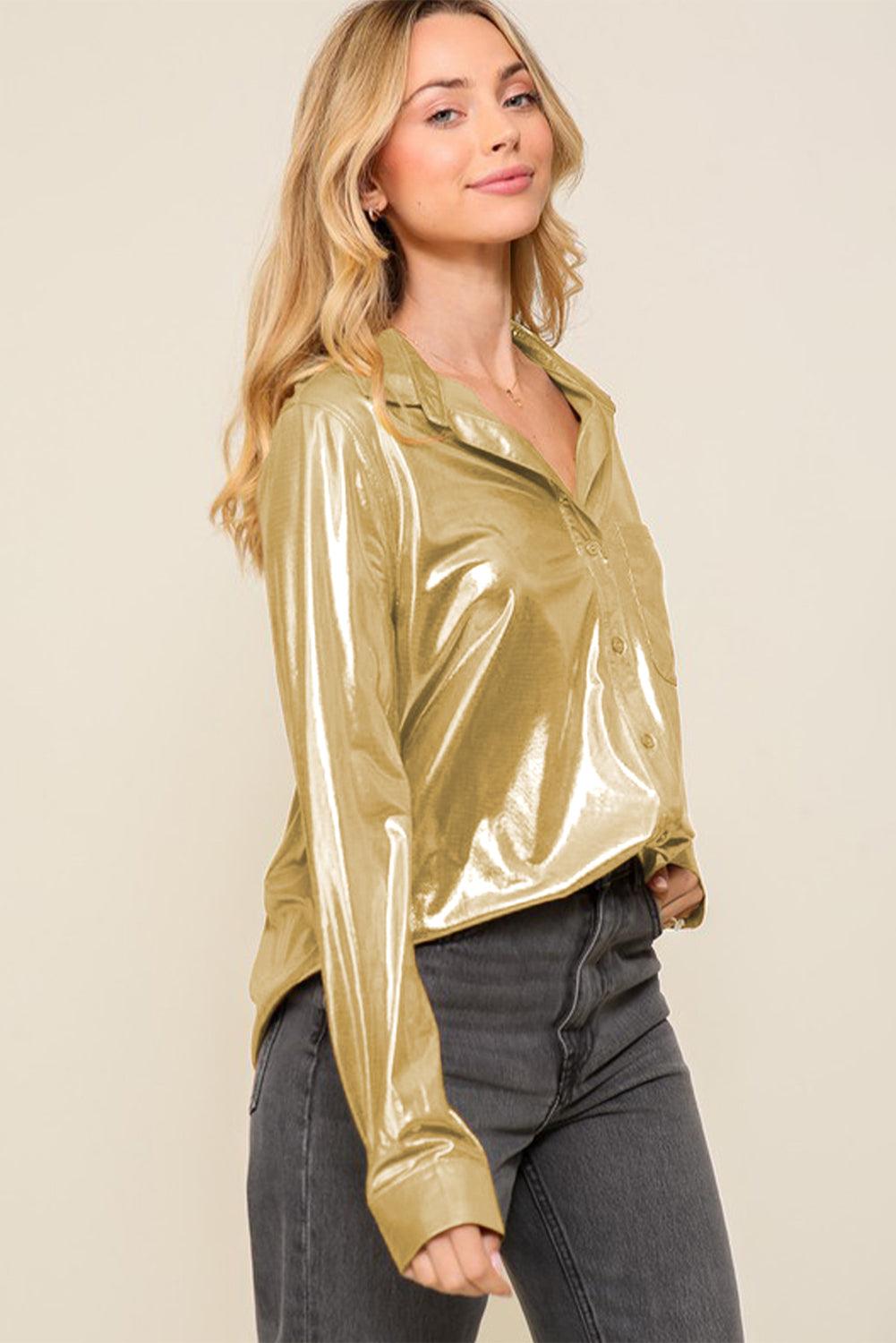 Gold Metallic Luster Chest Pocket Shirt - L & M Kee, LLC