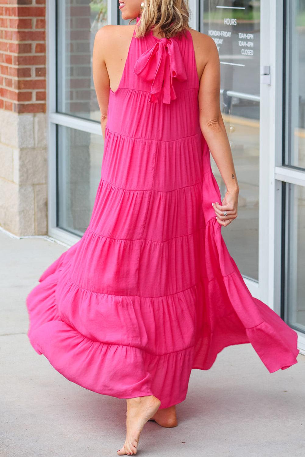 Rose Red High Frilled Neck Tiered Sleeveless Maxi Dress - L & M Kee, LLC