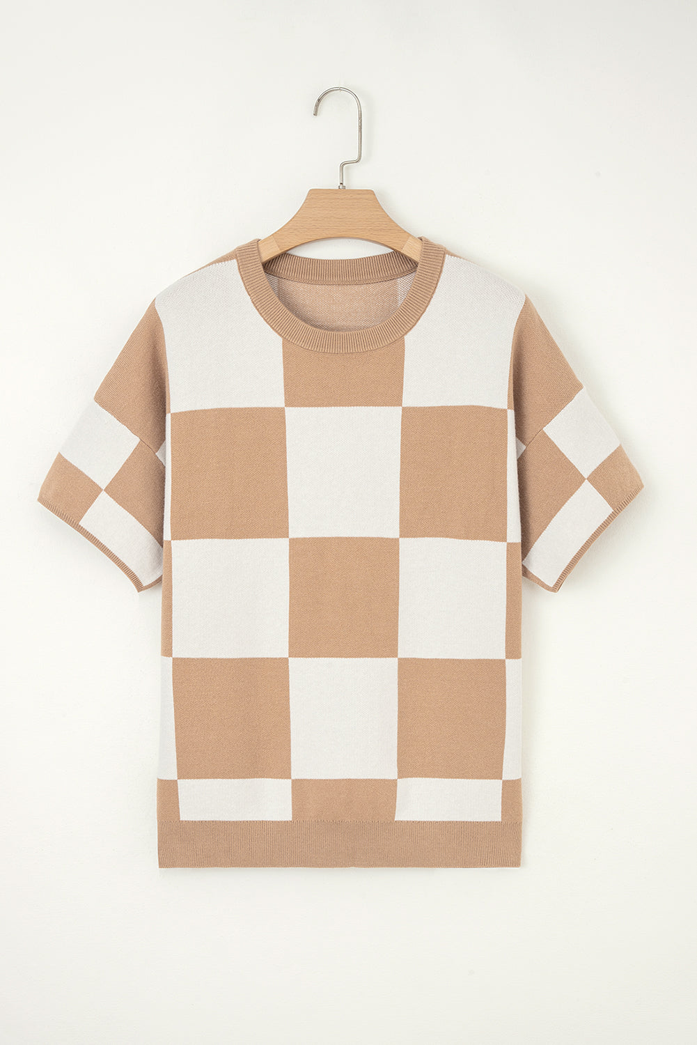 Light French Beige Checkered Pattern Loose Drop Shoulder Half Sleeve Sweater