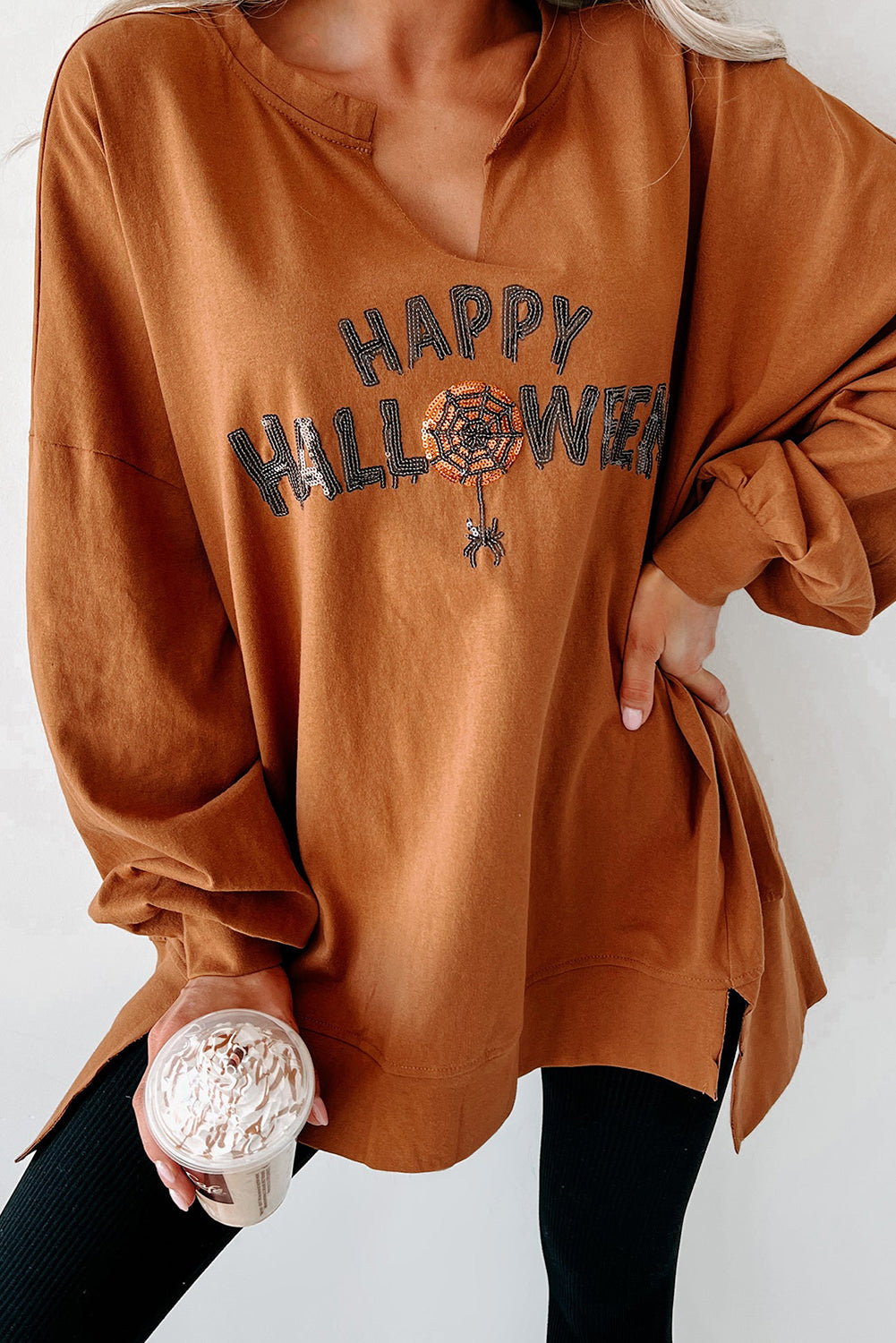 Chestnut Sequin Happy Halloween Graphic Notched Neck Long Sleeve Loose Top