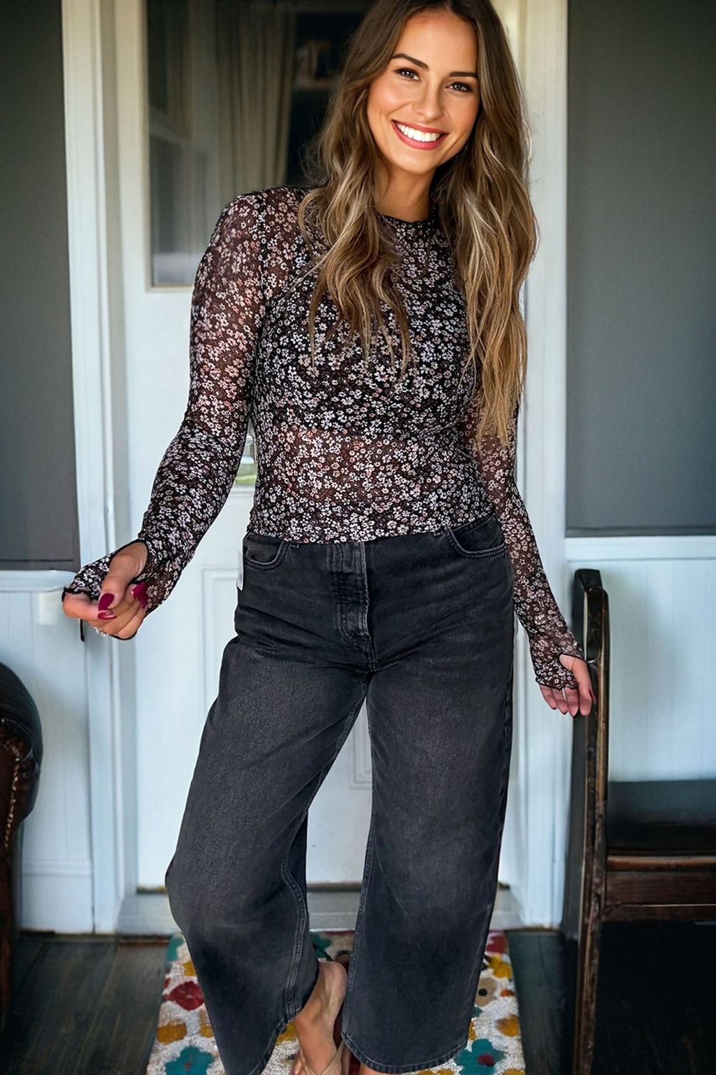 Black Ditsy Floral Mesh Thumbhole Sleeve Slim Fit Top