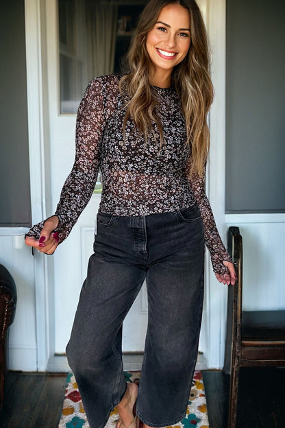 Black Ditsy Floral Mesh Thumbhole Sleeve Slim Fit Top