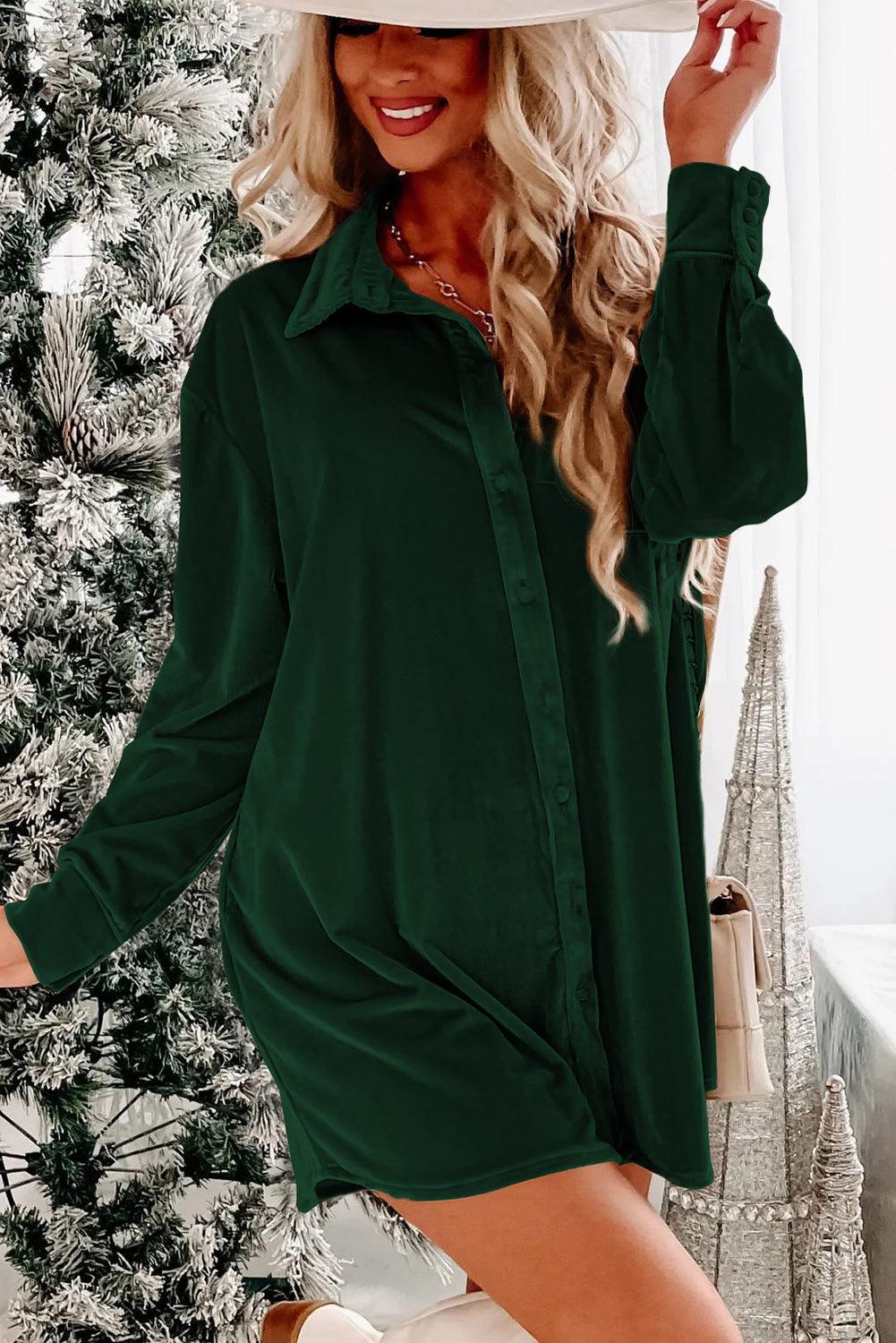 Flaxen Velvet Button Front Shirt Mini Dress - L & M Kee, LLC