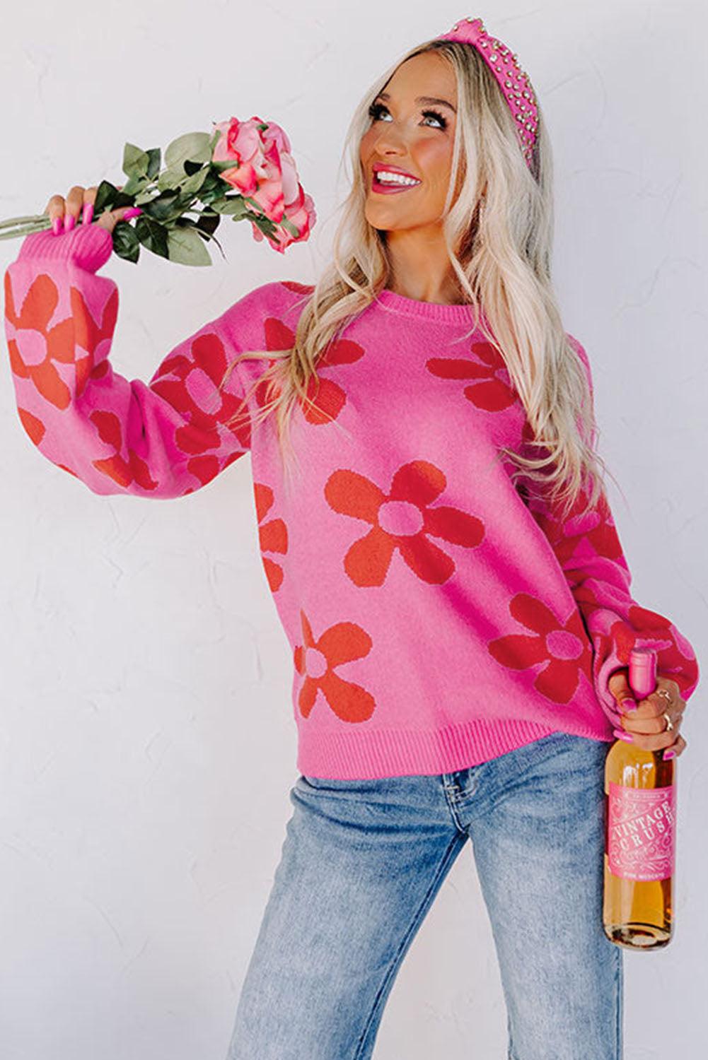 Rose Big Flower Knit Ribbed Trim Sweater - L & M Kee, LLC