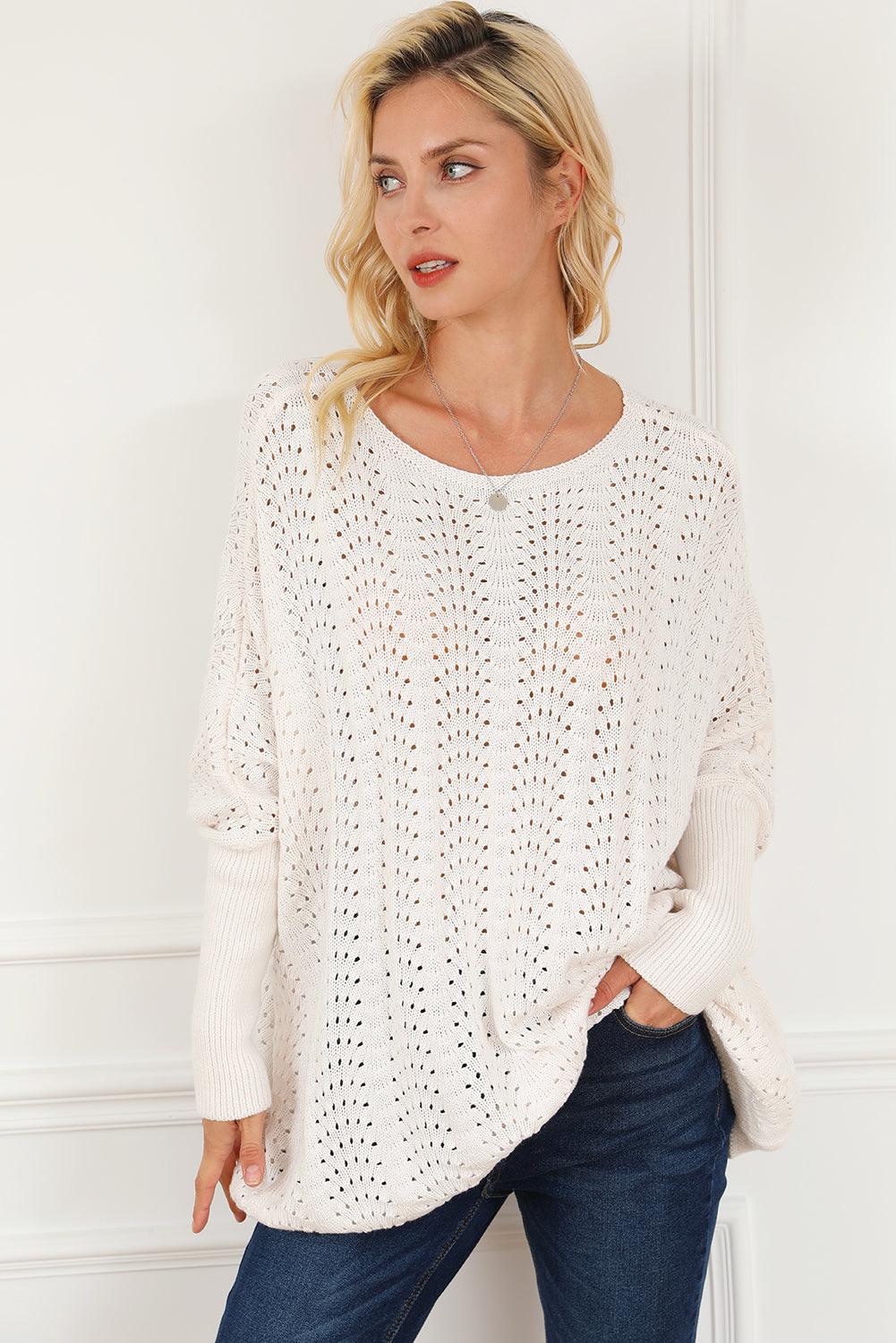 Beige Ribbed Hollow Knit Dolman Sleeve Sweater - L & M Kee, LLC