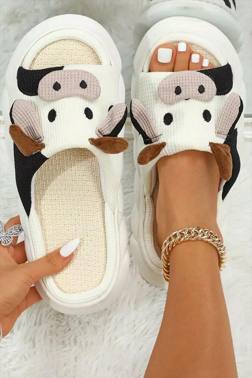 Bright White Cute Cow Pattern Open Toe Slippers - L & M Kee, LLC