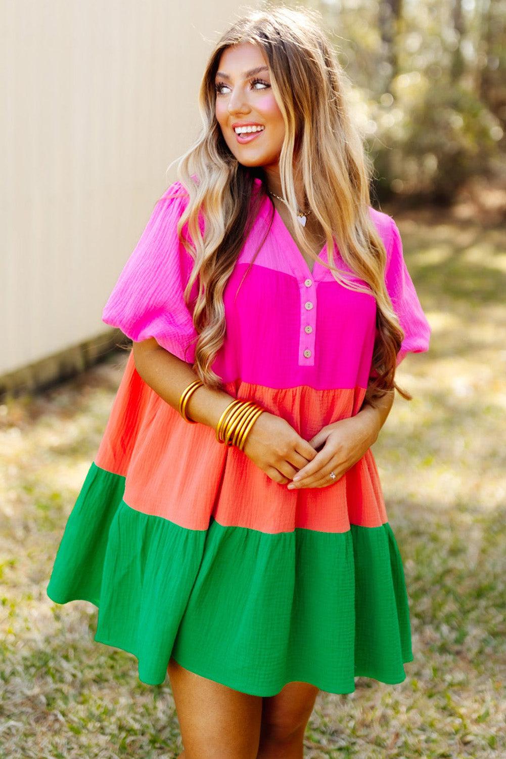 Multicolor Color Block Tiered Puff Sleeve Dress - L & M Kee, LLC