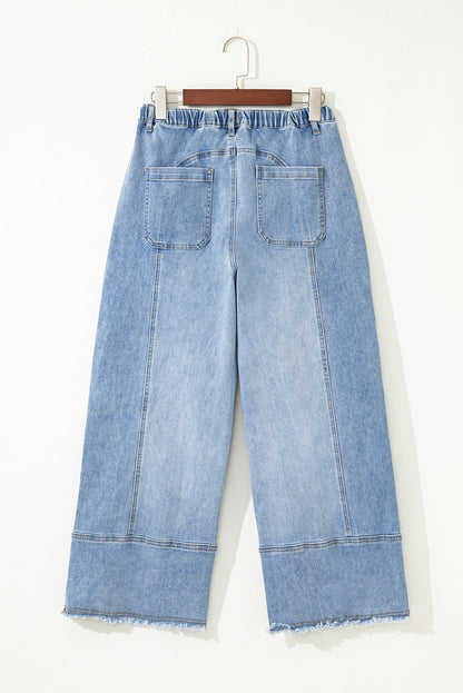 Gray Drawstring Seam Detail Raw Hem Wide Leg Denim Pants