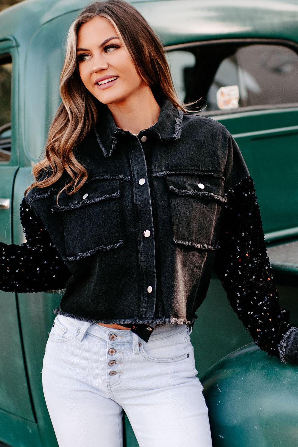 Black Sequin Sleeve Pocketed Raw Hem Denim Jacket - L & M Kee, LLC