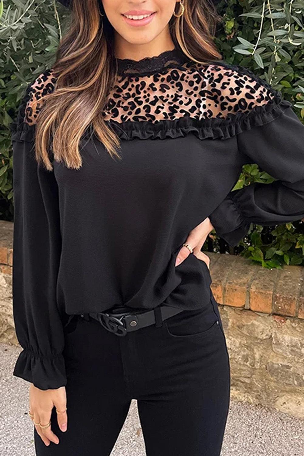 Black Leopard Mesh Splicing Ruffle Long Sleeve Blouse - L & M Kee, LLC