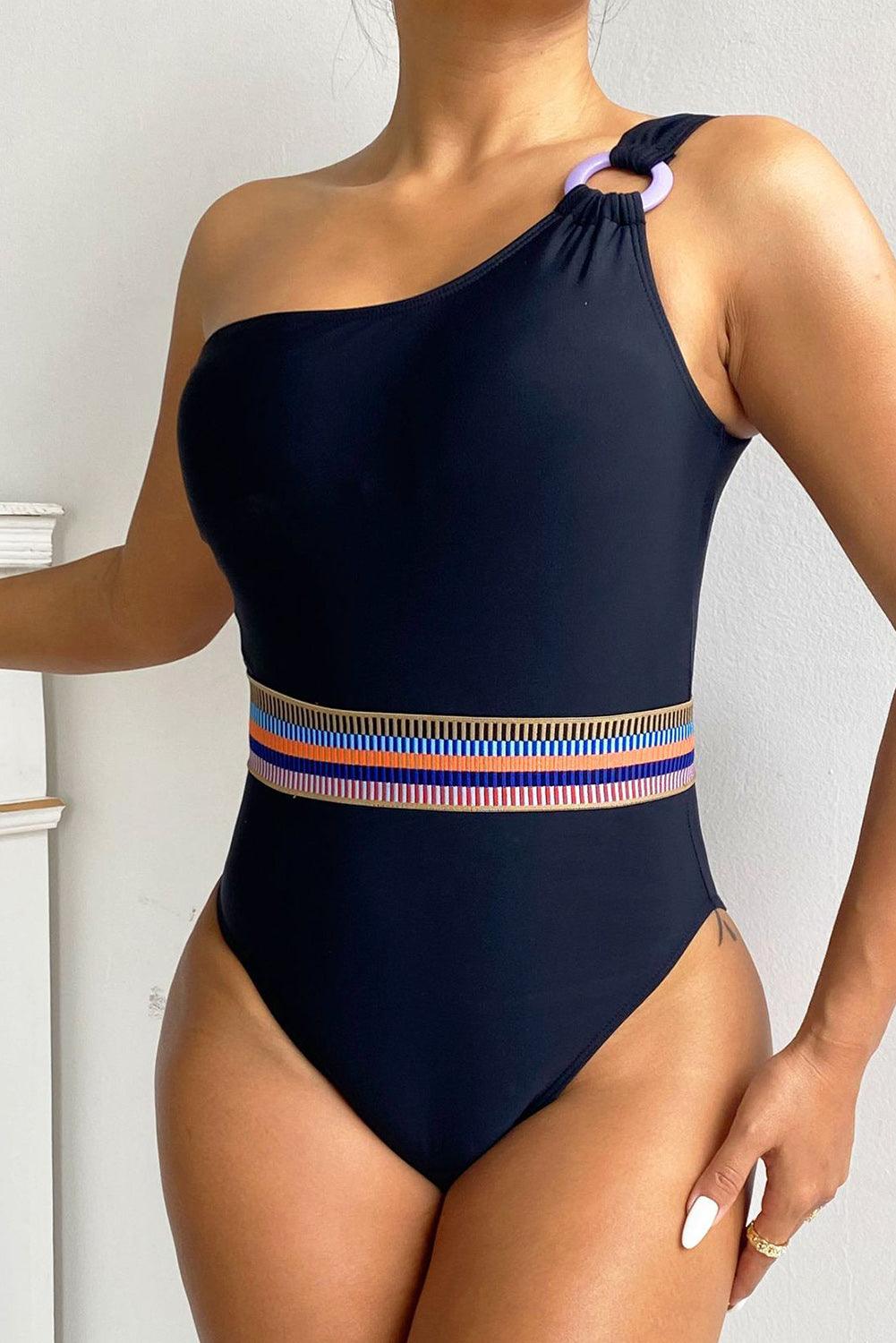 Black One Shoulder Strap Printed Waist One-Piece Swimsuit - L & M Kee, LLC