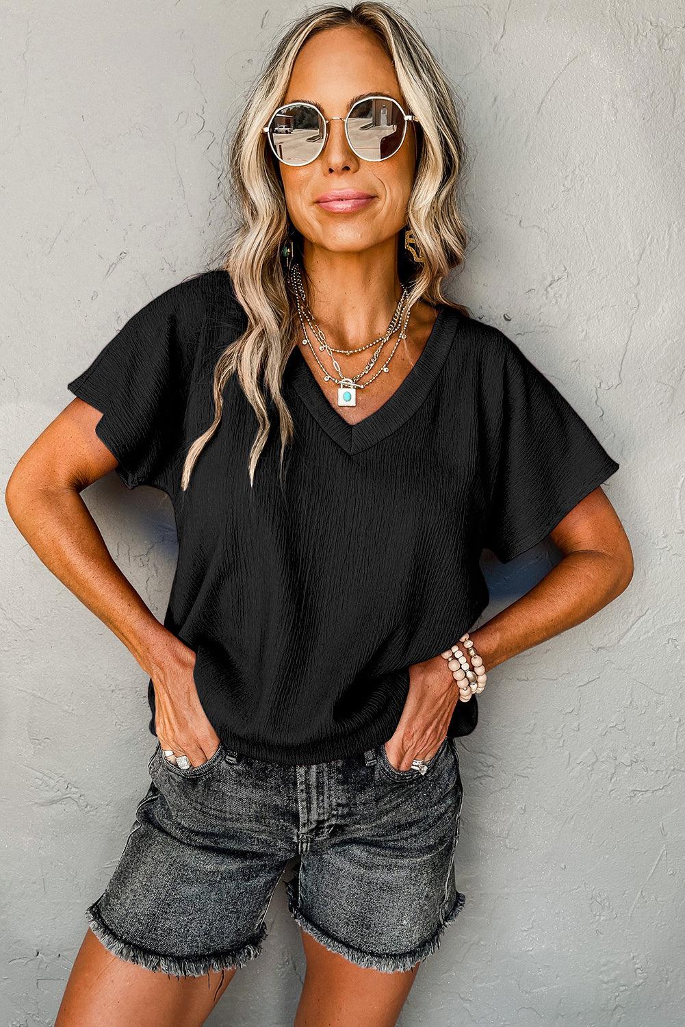 Black Crinkled V Neck Wide Sleeve T-shirt - L & M Kee, LLC