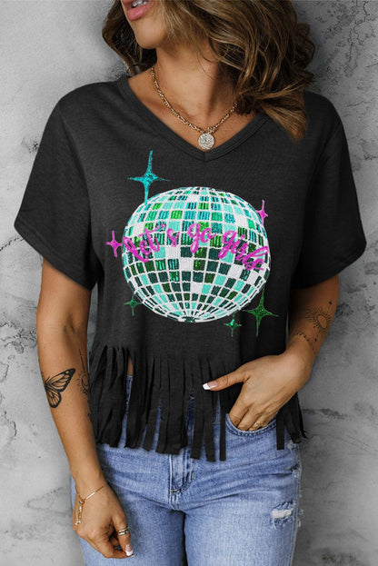 Black Sequined Disco Ball Fringed V Neck T Shirt - L & M Kee, LLC