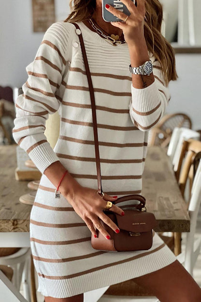 Stripe Button Ribbed Detail Mini Sweater Dress - L & M Kee, LLC