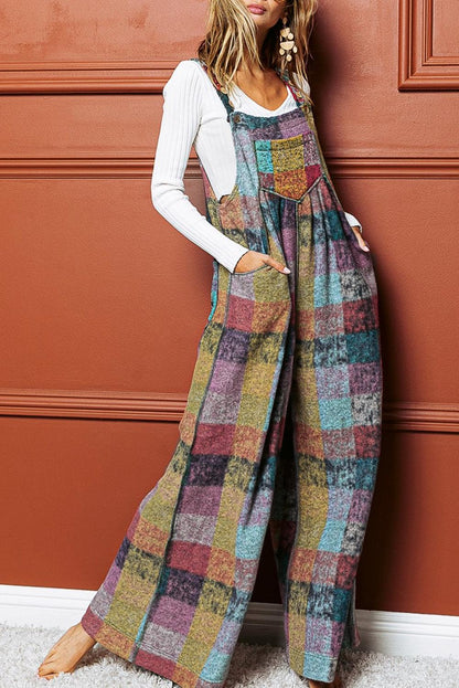 Multicolour Brushed Checkered Wide Leg Overalls - L & M Kee, LLC