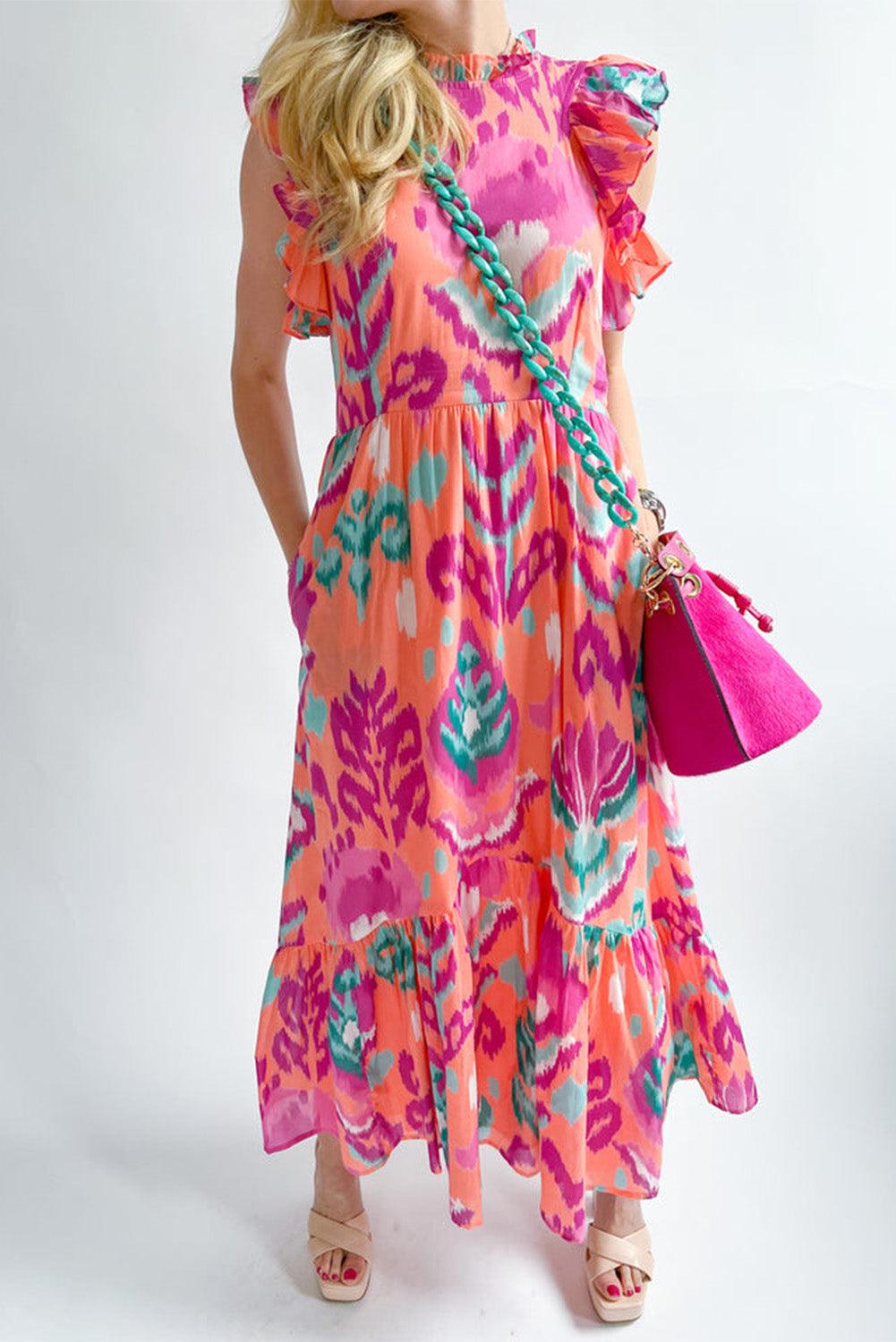 Multicolor Abstract Floral Print Frill Neck Ruffle Maxi Dress - L & M Kee, LLC