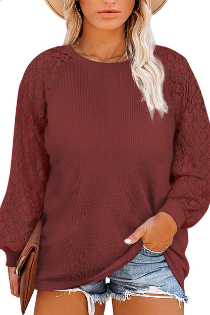 Red Plus Size Contrast Lace Sleeve Waffle Knit Top - L & M Kee, LLC