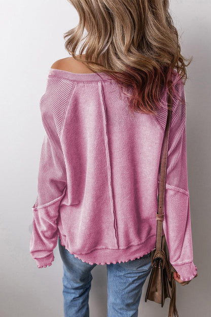 Pink Waffle Knit Patchwork Exposed Seam Raglan Sweatshirt - L & M Kee, LLC