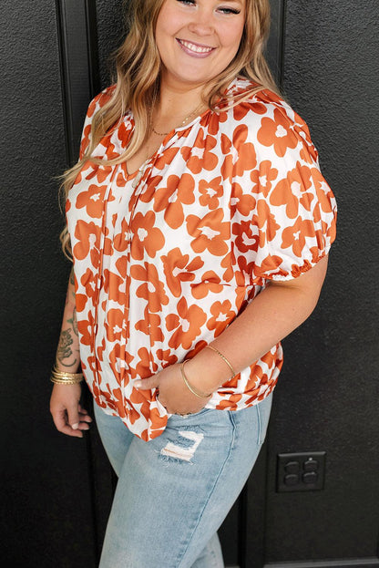 Orange Plus Size Floral Print Drawstring V Neck Short Sleeve Blouse - L & M Kee, LLC