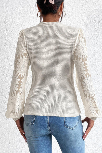 Beige Sunflower Mesh Bubble Sleeve Waffle Knit Top - L & M Kee, LLC