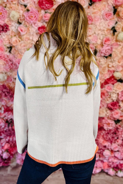 White Colorful Edge Quarter Zip Drop Shoulder Sweater - L & M Kee, LLC