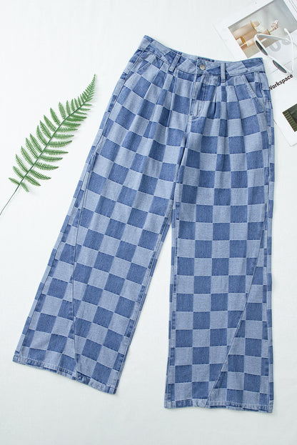 Dark Grey Checkered Denim Wide Leg Jeans