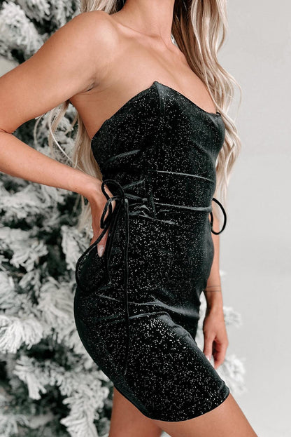 Black Velvet Sequin Lace-Up Tube Mini Dress - L & M Kee, LLC