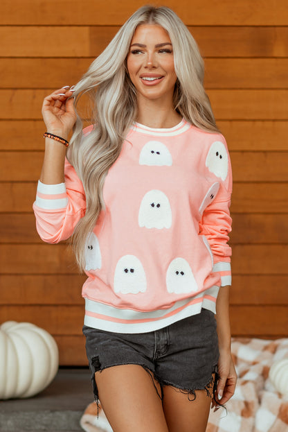 Gossamer Pink Halloween Terry Ghost Striped Trim Loose Sweatshirt
